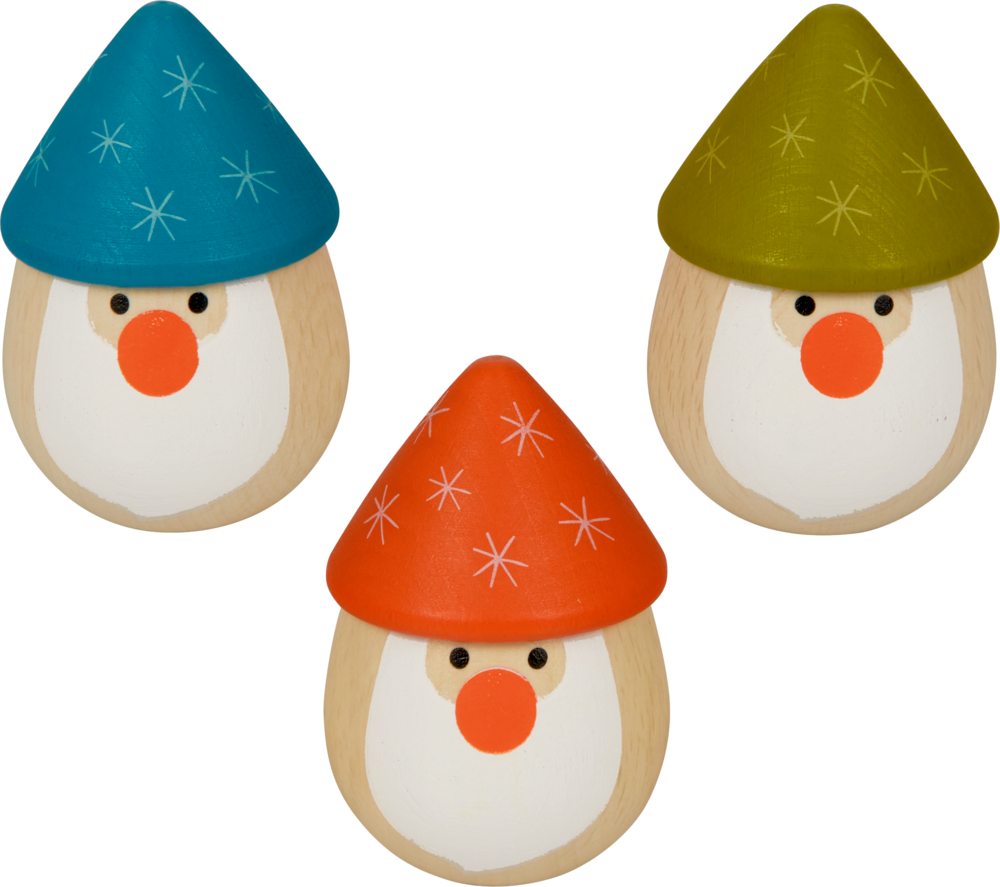 Rassel-Ei Santa - Wintertiere im Weihnachtswald Drei Holz-Eier mit schwarzen Augen, roten Nasen und blauen, grünen und orangefarbenen Hüten und weißem Bart auf weißem Hintergrund.