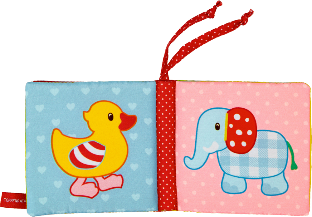 Stoffbuchseite: links gelbe Ente, rechts blauer Elefant, jeweils vor buntem Hintergrund.