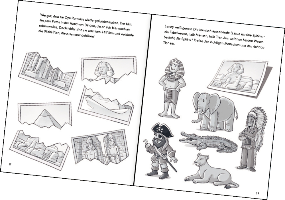 Zwei Seiten mit Text links Puzzles, rechts Tier-Mensch-Zeichnungen und ein Pirat.