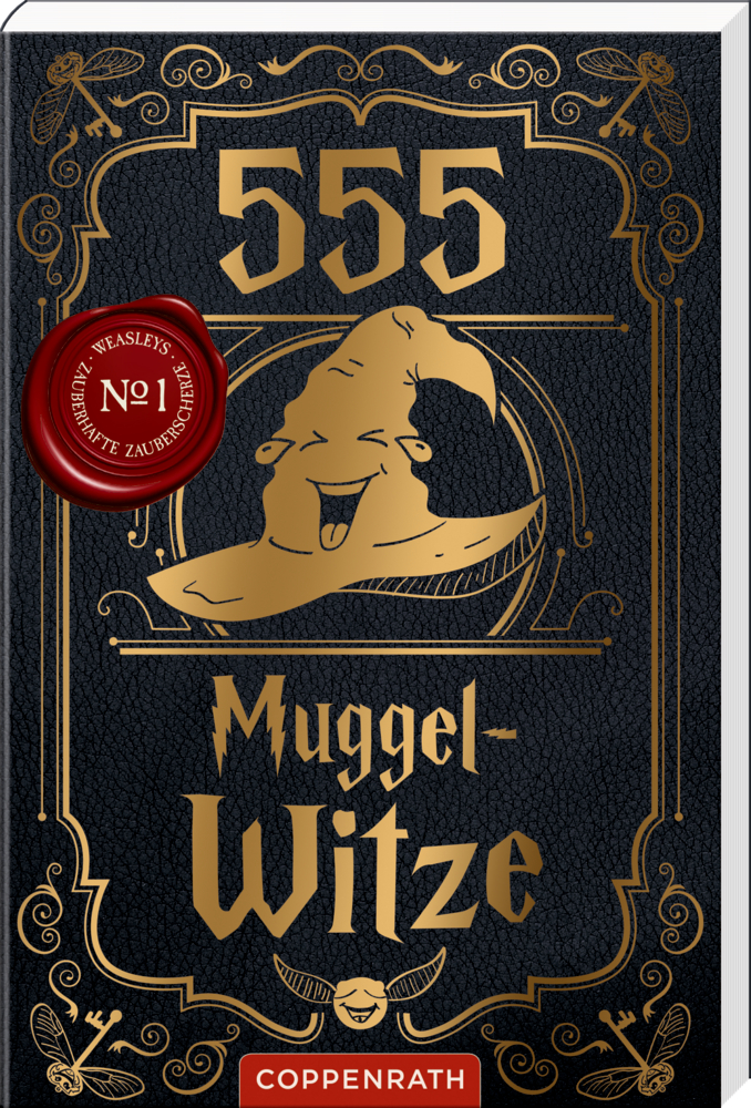 555 Muggel-Witze Schwarzes und goldenes Buchcover „555 Muggel-Witze“ mit einem magischen Hut .