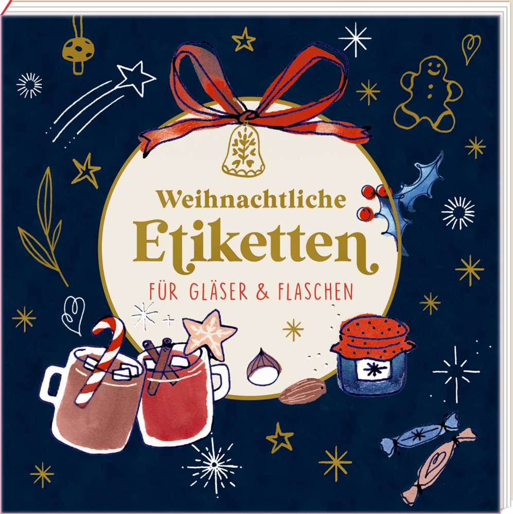 Weihnachtsetiketten-Büchlein: Tassen, Kekse, Ornamente und festliche Dekoration auf dunklem Hintergrund.