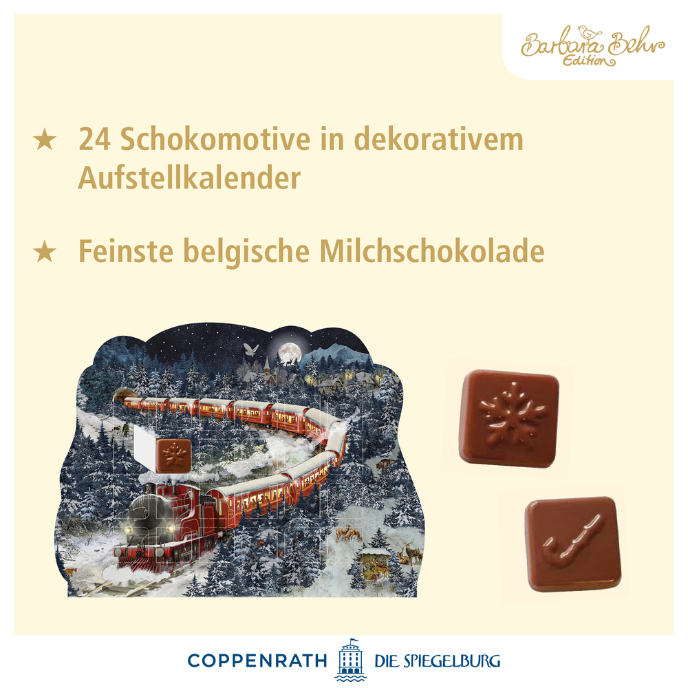 Adventskalender mit Zug-Motiv, zwei Milchschokoladen auf cremefarbenem Hintergrund, mit Beschreibungstext.