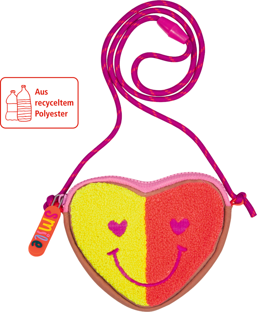 Herzförmiger Brustbeutel mit Smiley-Gesicht, pink-gelbem Muster, pinkem Riemen und befestigtem Smile-Anhänger.