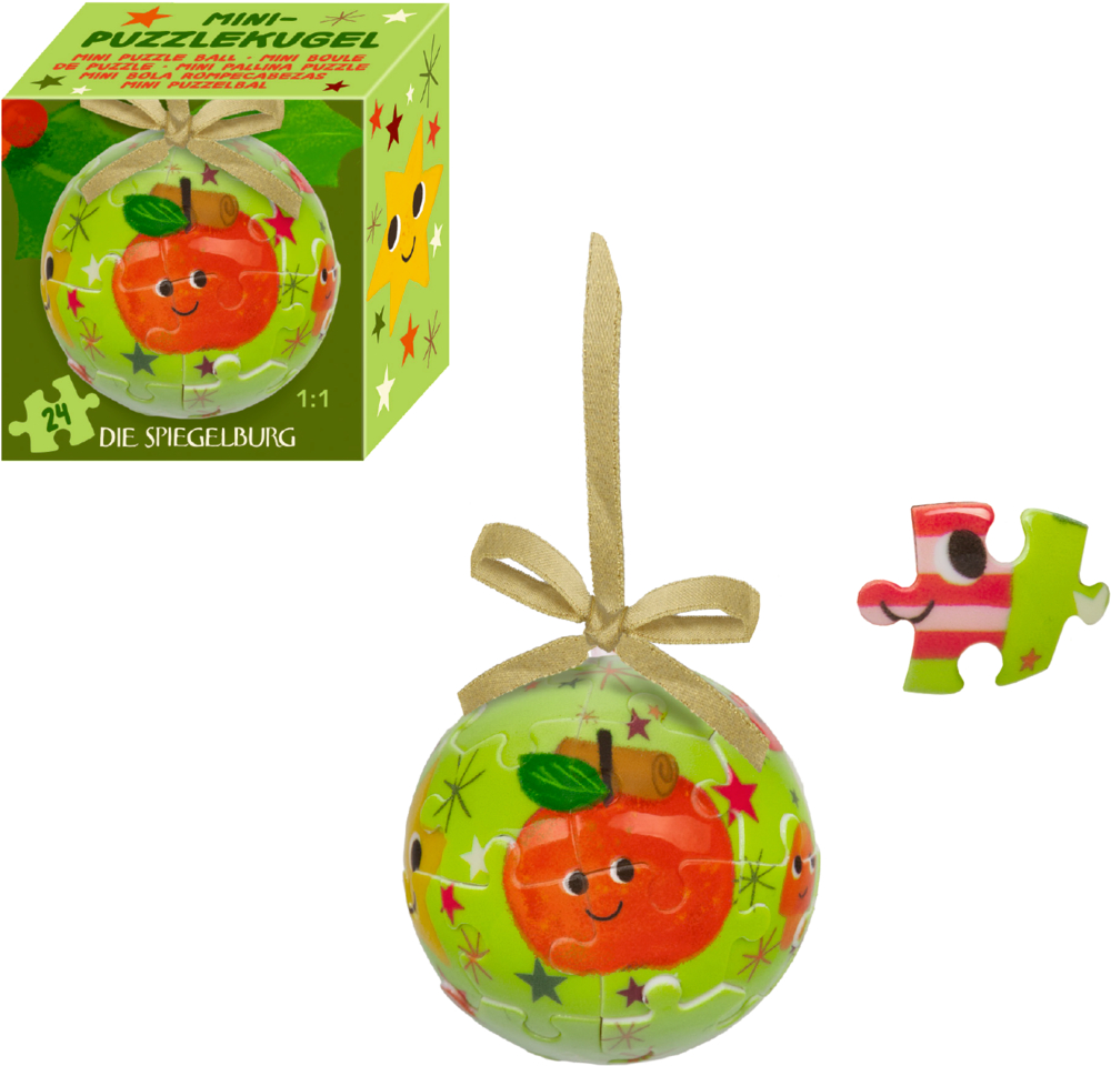 Grüne Puzzlekugel mit rotem Apfelmotiv, goldener Schleife und einzelnem Puzzleteil, daneben passende Verpackung.