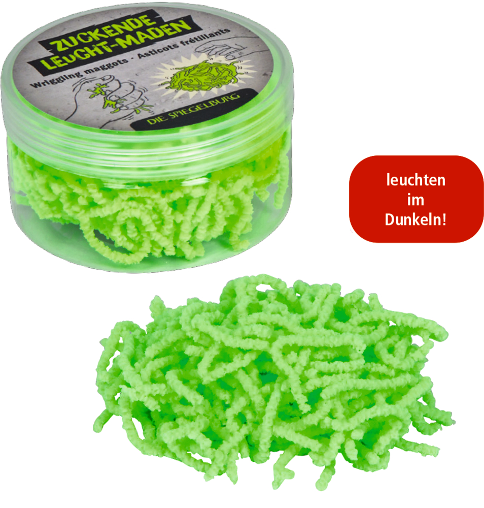 Transparente Dose mit grün leuchtenden Kunstmaden, ein Teil der Maden liegt lose davor.