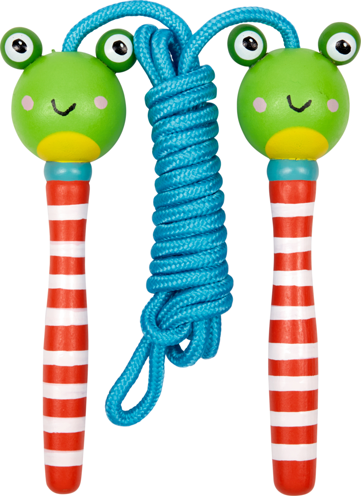 Springseil "Frosch" Spiegelburg Sommerkinder Kinder-Springseil mit leuchtend blauer Kordel und gestreiften Griffen in Form grüner Froschgesichter.