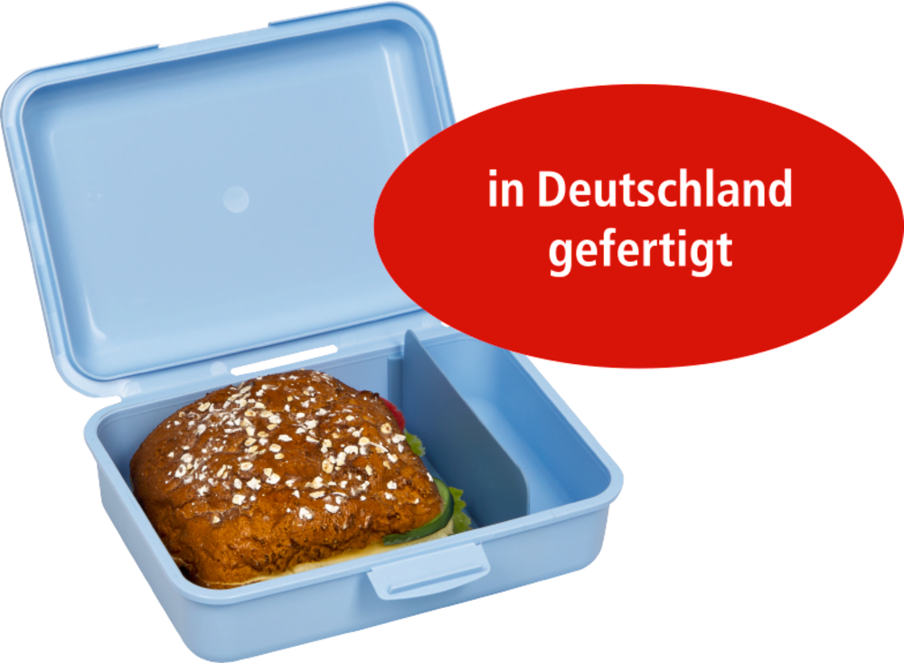 Eine blaue Brotdose mit einem Brötchen und einem roten ovalen Etikett mit der Aufschrift in Deutschland gefertigt.