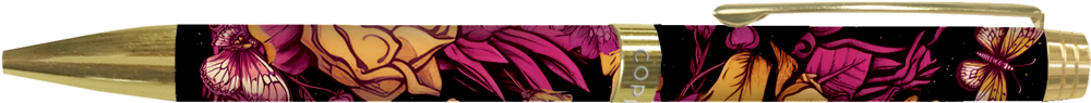 Blüten, Kugelschreiber: Passion for Pages Goldener Stift mit Clip, mit pink und orangefarbenen Blumen- und Schmetterlingsmustern auf schwarzem Hintergrund.