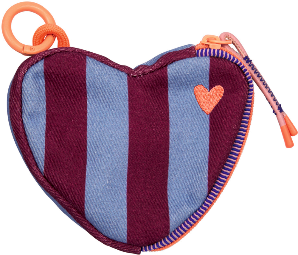 Herzförmiges Etui mit breiten blau-bordeauxfarbenen Streifen, apricotfarbenem Reißverschluss und kleinem gesticktem Herz.