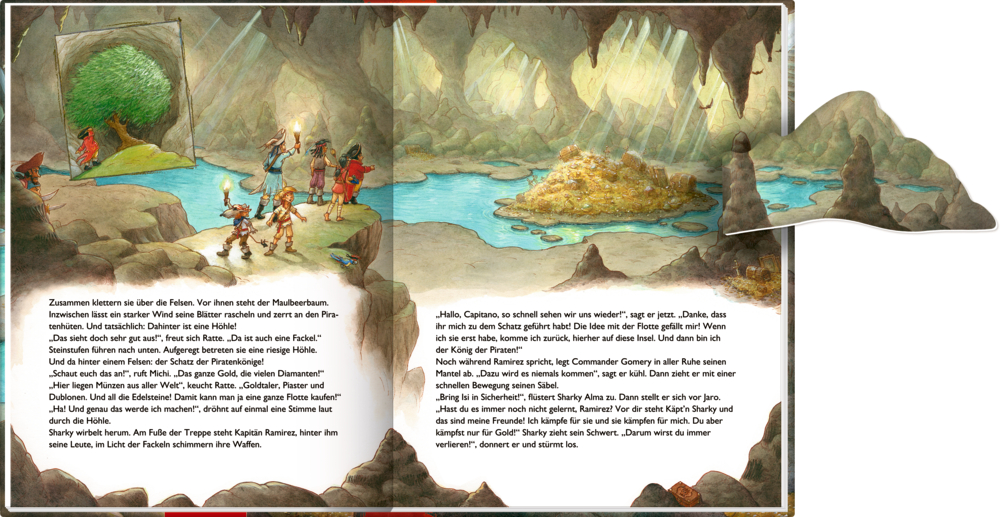 Piraten betreten eine Höhle. Doppelseite mit Klappen: mit einem großen Baum; und einem glitzernden Schatz.