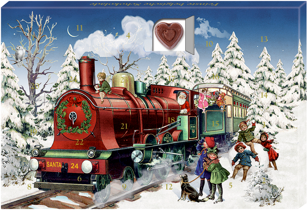Festlicher roter Zug mit Weihnachtsmann und Kindern im verschneiten Wald, nummeriert für den Adventskalender.