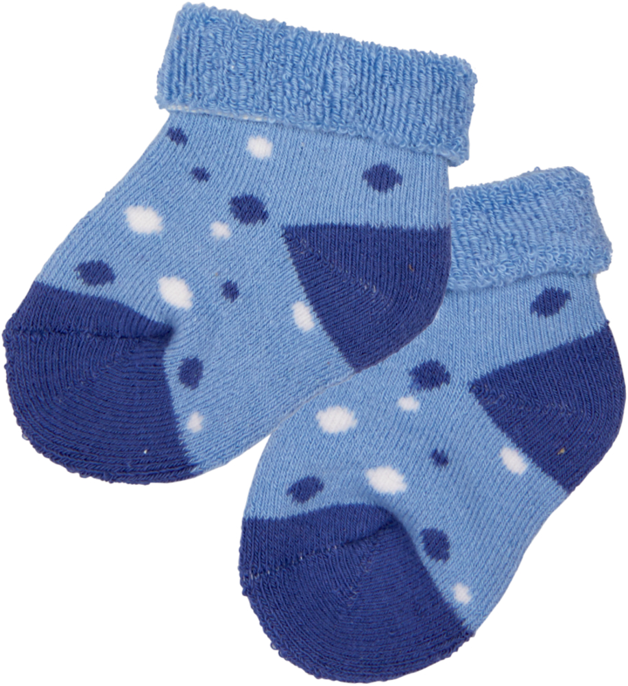 Blaue Babysocken mit dunkelblauen Zehen und weißen Punkten.