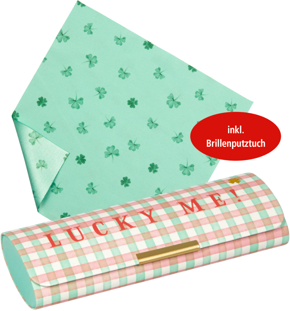 Brillenetui mit Putztuch Lucky Me! - Viel Glück Grünes Brillenetui mit „LUCKY ME!“-Schriftzug und passendem Reinigungstuch mit Kleeblattmuster inklusive.