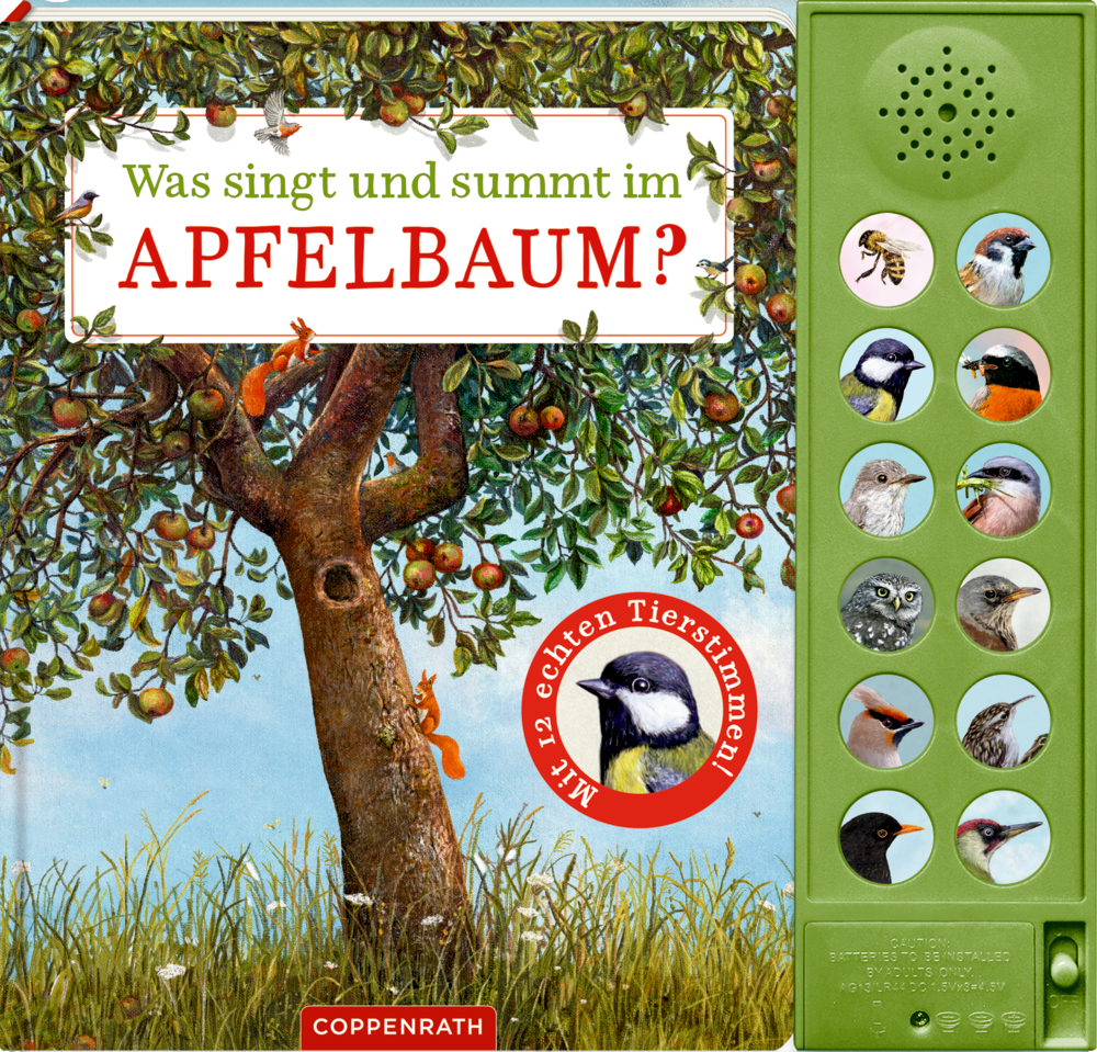 Was singt und summt im Apfelbaum? (Soundbuch) Kinderbuchcover von "Was singt und summt im Apfelbaum?" mit Vögeln in einem Apfelbaum und einer Klangtafel mit Vogelillustrationen.