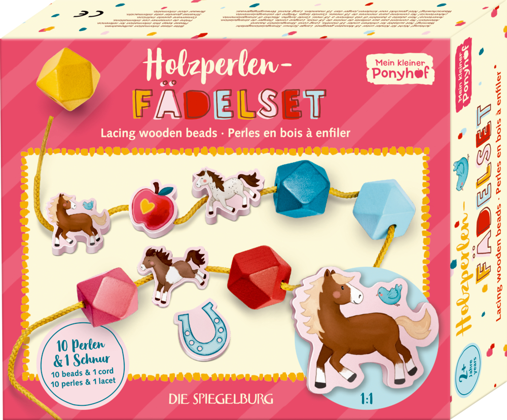 Holzperlen-Fädelset - Mein kleiner Ponyhof "Bunte Pappschachtel, auf welcher verschiedene, auf einer Kette aufgefädelte Ponymotive und andere Objekte zu sehen sind.  "