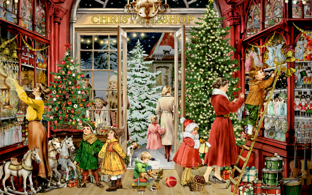 Menschen in festlicher nostalgischer Kleidung in weihnachtlich geschmücktem Laden mit Spielwaren, Tannenbäumen und Geschenken.