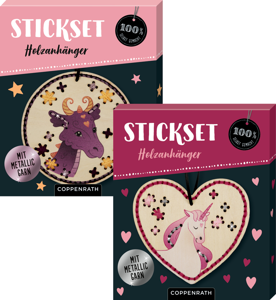 Zwei Bastelsets für Holzanhänger: lila Drache im Kreis, Einhorn im Herz, Sterne und Herzen.