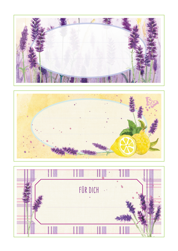 Drei dekorative Etiketten mit Lavendelmotiven, eines zusätzlich  mit Zitronen. Alle bieten Platz für Text.