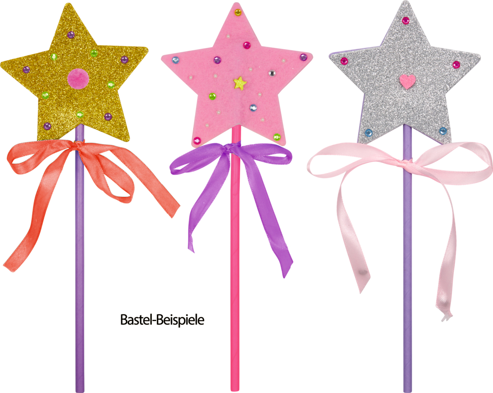 Drei bunte sternförmige Zauberstäbe mit Bändern und Edelsteinen.