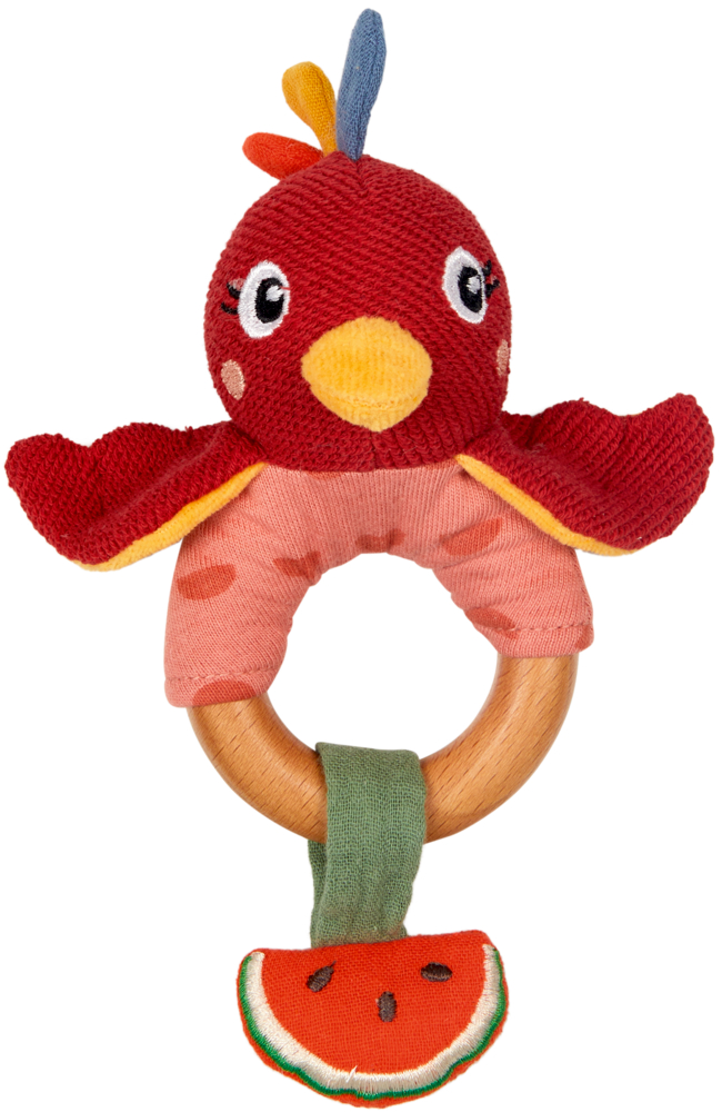 Plüschige rote Vogelrassel mit Holzring und einem kleinen Stoffanhänger in Form einer Wassermelonenscheibe.