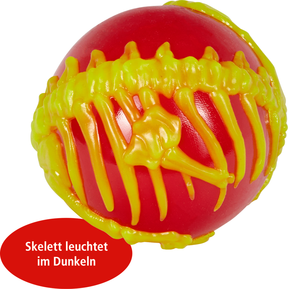 Leuchtend roter Ball mit gelbem Skelettdesign; Deutsch: Skelett leuchtet im Dunkeln.