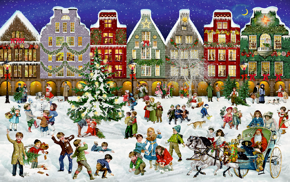 Kinder spielen im Schnee vor festlich geschmückten Häusern mit Lichtern, Tannenbaum und Pferdeschlitten.