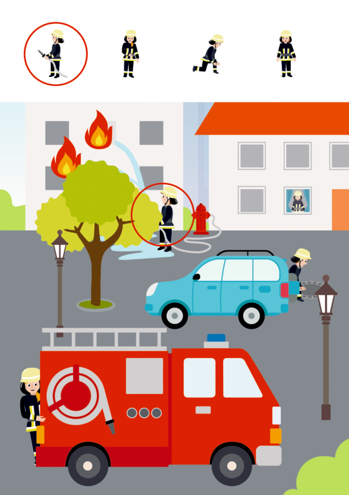 Cartoon-Feuerwehrleute löschen mit einem Löschfahrzeug einen brennenden Baum neben Gebäuden, auf einer Rätselseite.