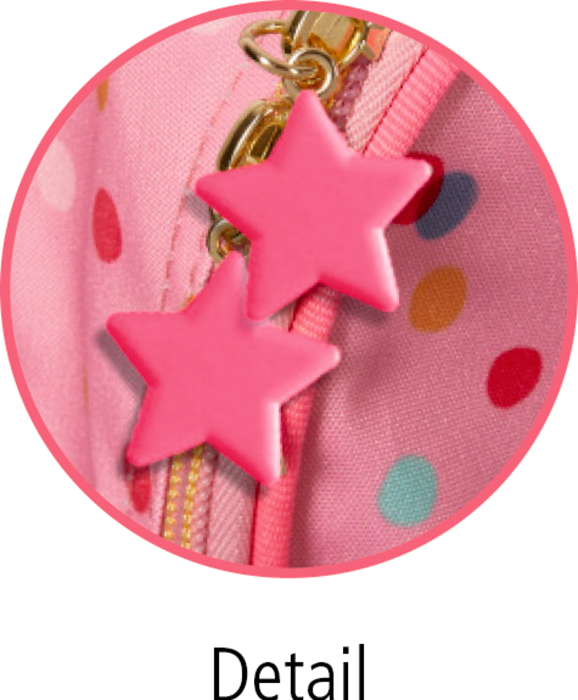 Nahaufnahme eines rosa Reißverschlusses mit zwei sternförmigen Anhängern.