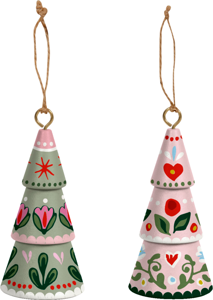 Zwei kegelförmige Weihnachtsornamente mit floralen Mustern und Aufhängeösen, einer in Grün und der andere in Rosa.