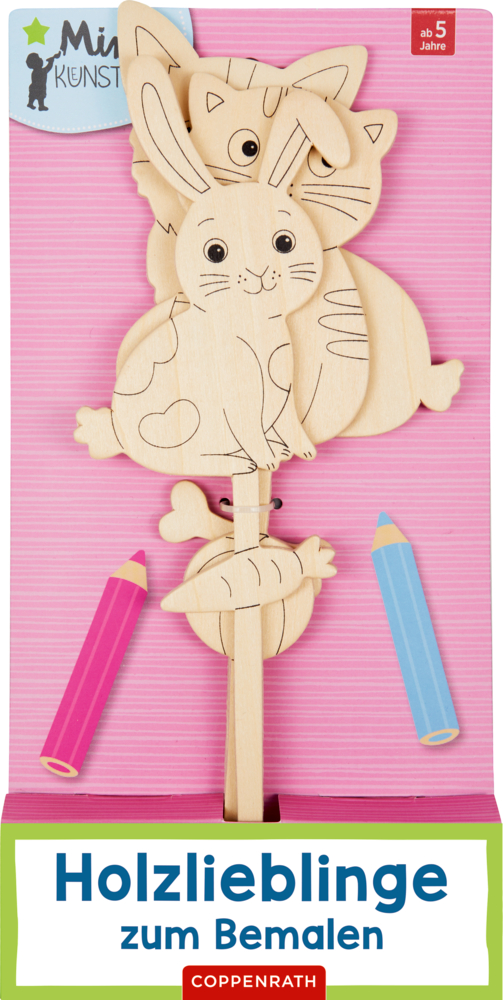 Holztiere zum Bemalen (Mini-Künstler) Tierfiguren aus Holz (Hase, Katze, Maus) mit Buntstiften auf rosa Hintergrund.