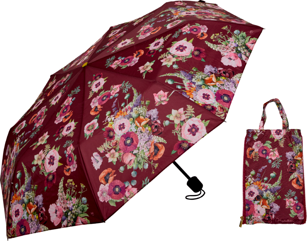 Taschenschirm & Duo Bag Blütenzauber - M. Bastin Offener burgunderfarbener Regenschirm mit buntem Blumenmuster, neben der dazu passenden Hülle ausgestellt.