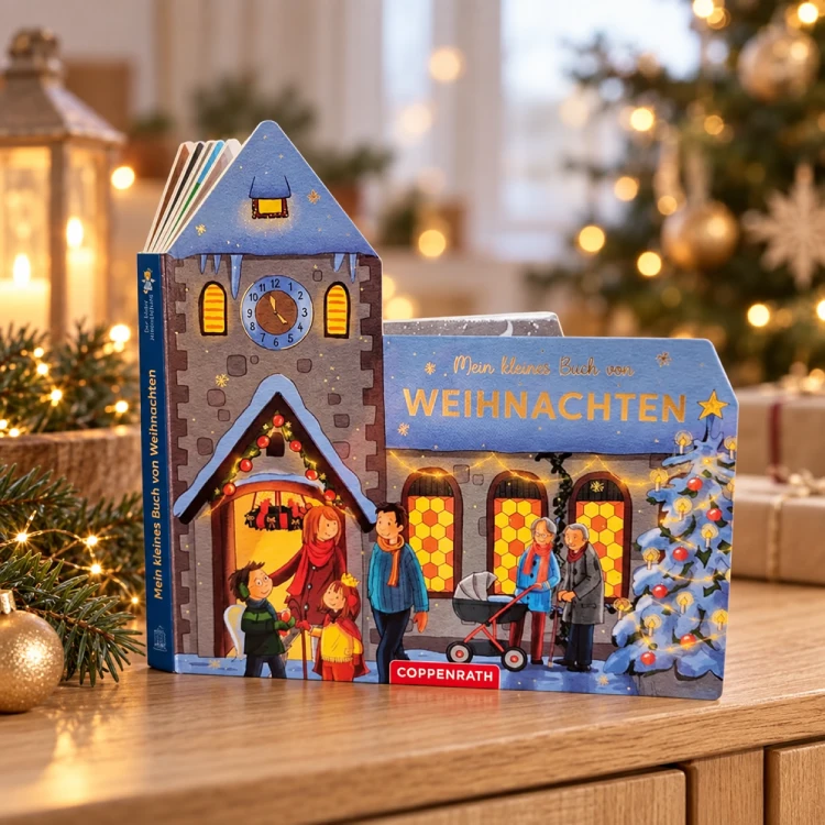 Weihnachtsbuch in Kirchenform auf einer weihnachtlichen Kommode
