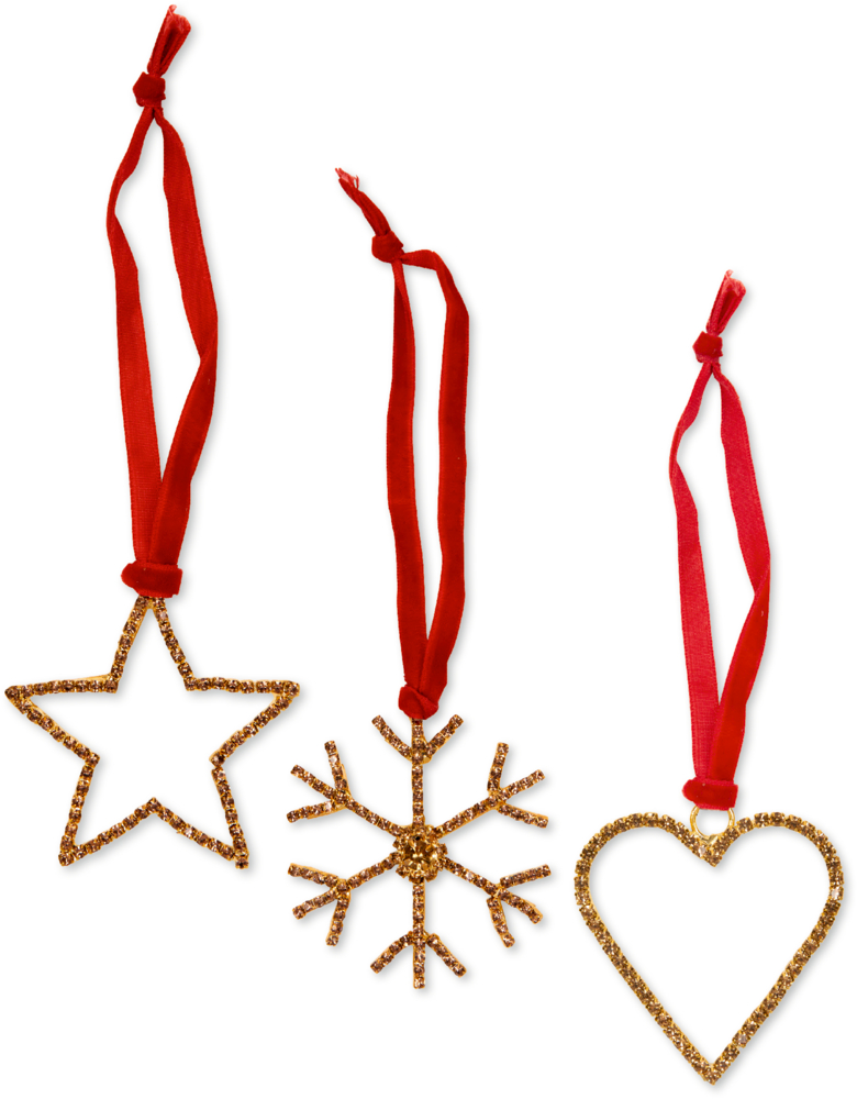 Stern, Schneeflocke und Herz aus goldenem Metall hängen an roten Bändern.