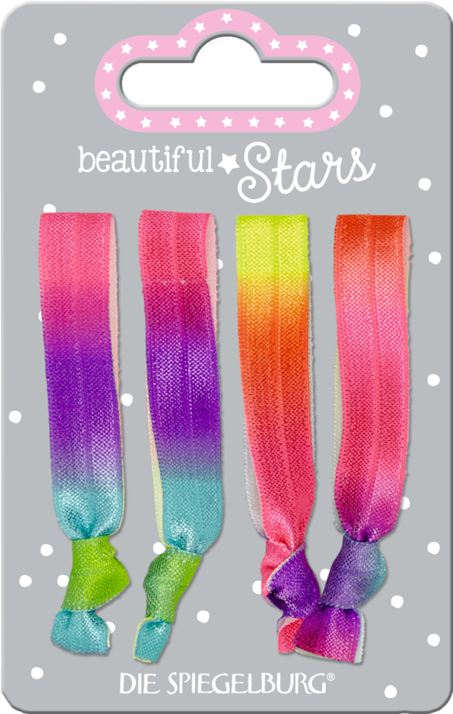 Haargummi Band neon  beautiful Stars Vier bunte Haarbänder mit Farbverlauf auf grauer Pappkarte mit der Aufschrift „Beautiful Stars“.