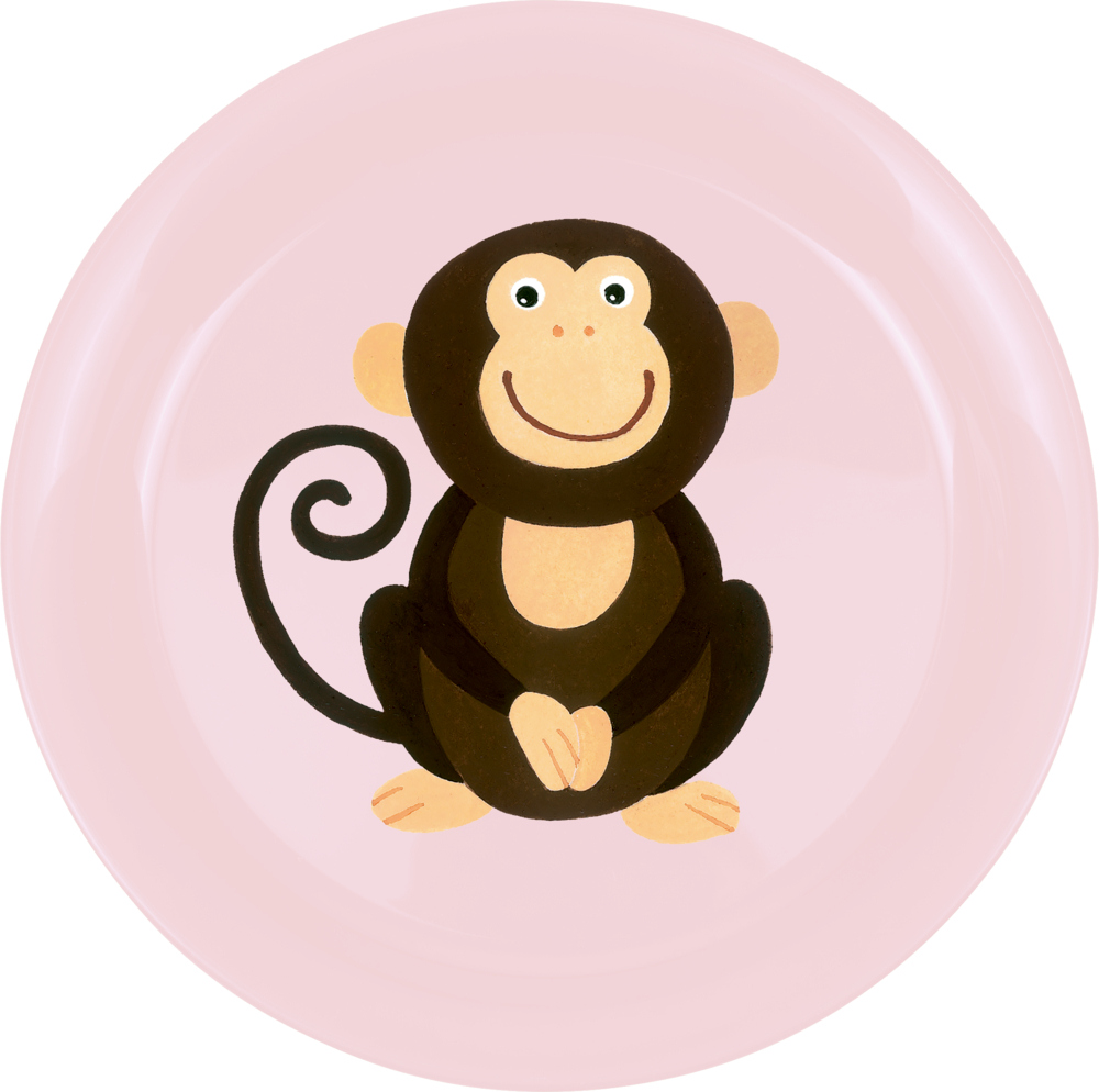 Teller Affe - Freche Rasselbande Ein lächelnder Cartoon-Affe mit einem Ringelschwanz und hellbraunem Gesicht, Bauch, Händen und Füßen auf einem rosa Teller.