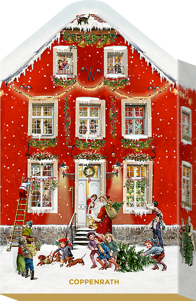 Rotes Haus mit Schnee, festlicher Dekoration, spielenden Kindern und einer Familie an der Tür – fröhliche Feiertagsszene.