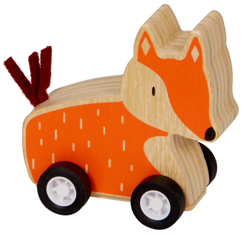 Holzspielzeugfuchs auf Rädern mit orangefarbenem Körper, weißen Flecken und rotem Schwanz.