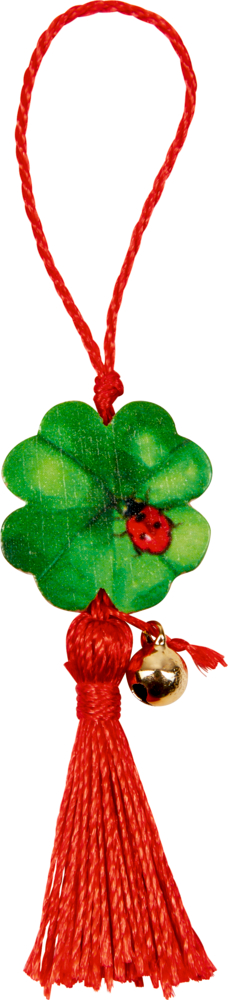Glücks-Kleeblatt - Viel Glück (Kleeblatt-Anhänger mit Glöckchen) Roter Quastenanhänger mit grünem Kleeblatt, Marienkäfer und kleinem goldenen Glöckchen.