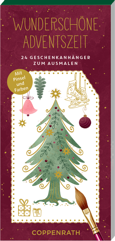 Burgunderfarbener Einband mit Weihnachtsbaum, festlichem Schmuck und Text über ausmalbare Geschenkanhänger.