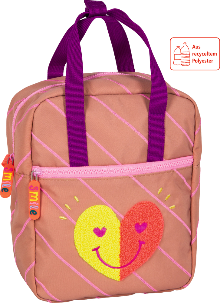 Rosafarbener Kinder-Rucksack mit herzförmigem Smiley-Gesicht und lila Griffen aus recyceltem Polyester.