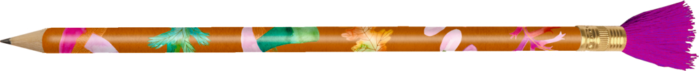 Orangefarbener Bleistift mit farbenfrohen Blumenmustern und einer magentafarbenen Quaste am Radiergummiende.