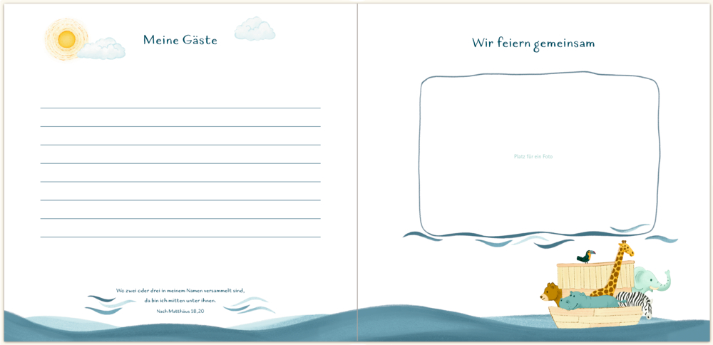 Aufgeschlagene Buchseiten mit der Arche Noah: Tierillustrationen, linierter Platz für Nachrichten und ein Fotorahmen.