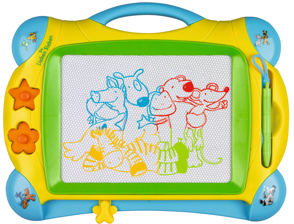 Zaubermaltafel Die Lieben Sieben Buntes magnetisches Zeichenbrett mit Tierkritzeleien und einem grünen Stift an der rechten Seite.