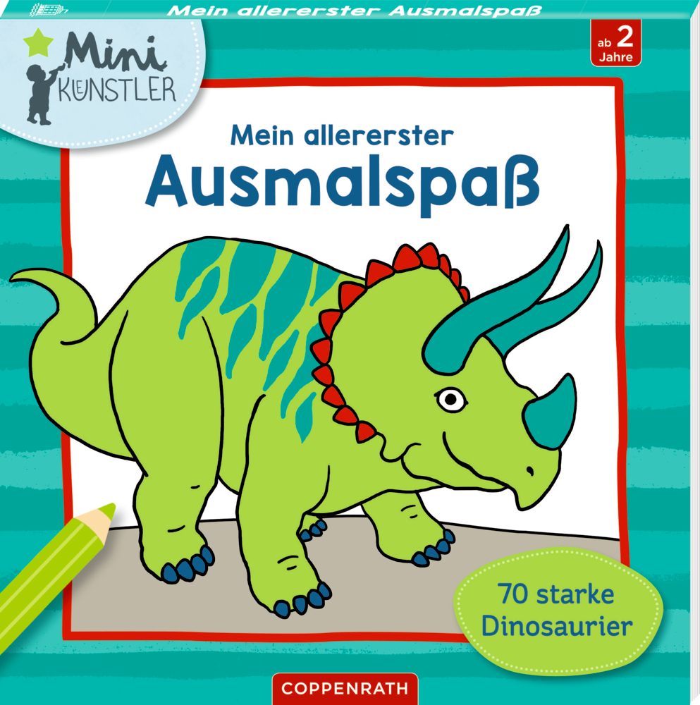 Mein allererster Ausmalspaß Grüne Triceratops-Illustration auf dem Kinder-Malbuchcover mit dem Titel „Mein allererster Ausmalspaß“.