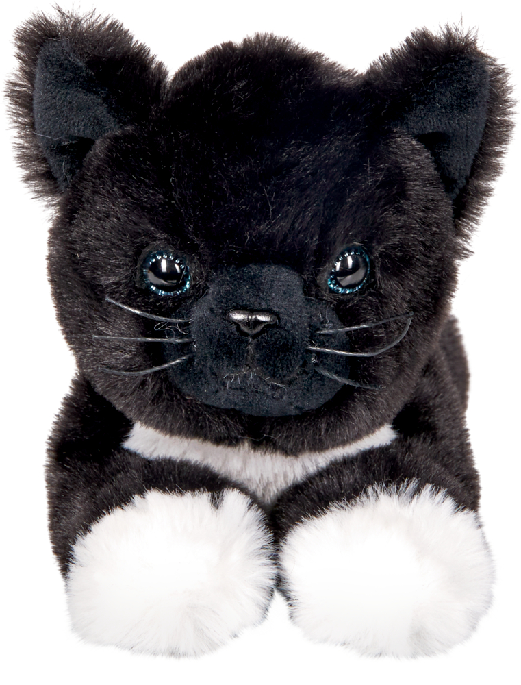 Plüschiges schwarz-weißes Katzenspielzeug mit glänzenden Augen und weißen Pfoten, liegend und nach vorne gerichtet.
