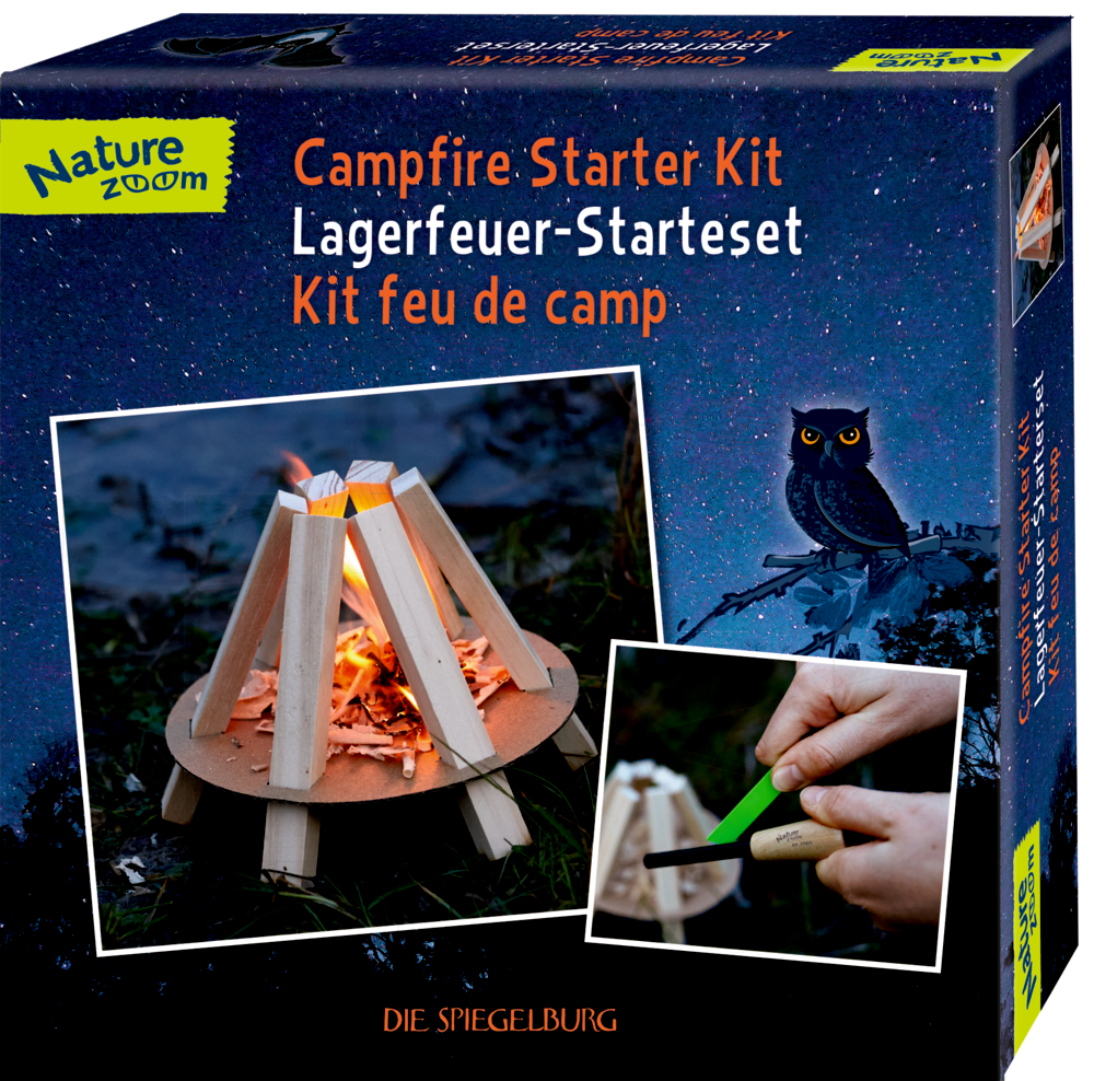 Lagerfeuer-Starterkit-Box mit Bildern eines kleinen Holzlagerfeuers und Händen, die ein Feueranzünderwerkzeug benutzen.