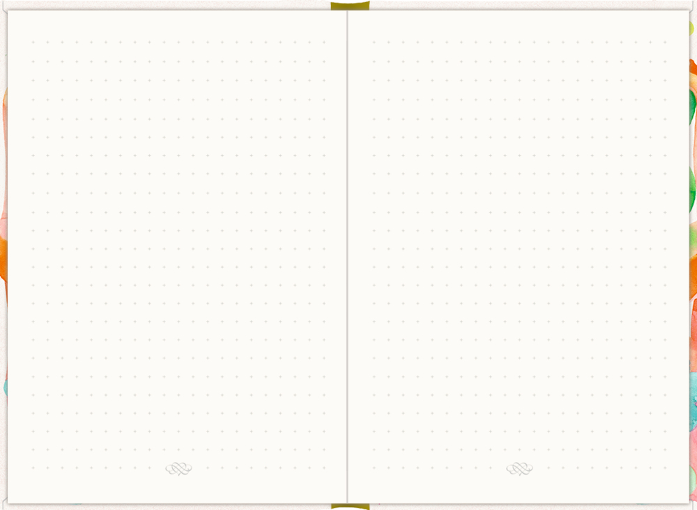 Offenes punktiertes Notizbuch mit goldenem Rücken und zarten Zierlinien auf weißem Untergrund.