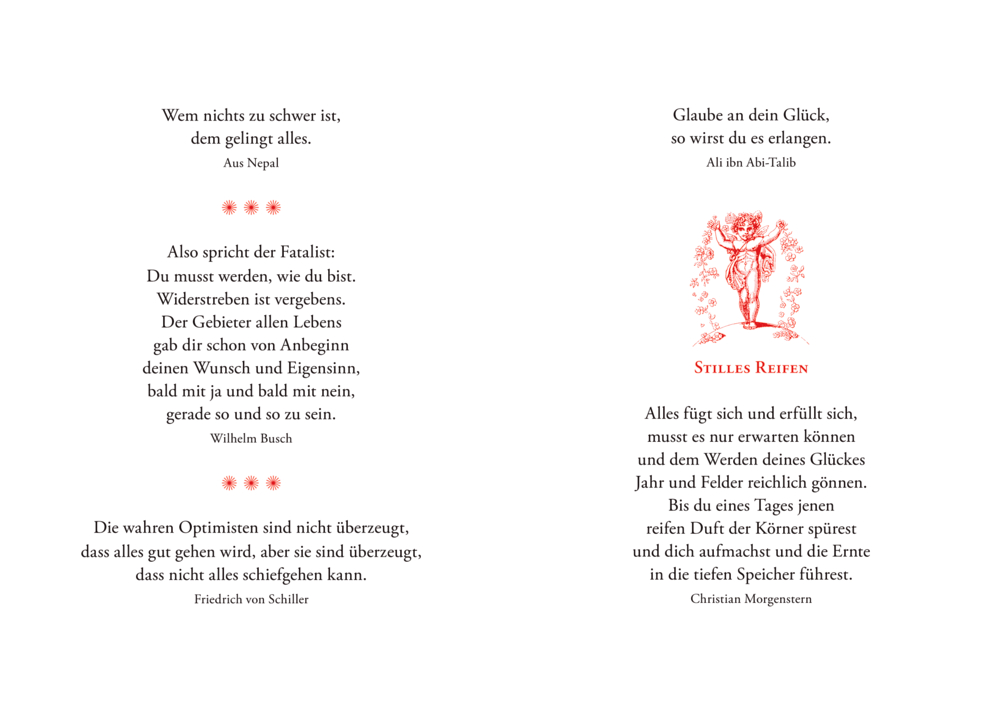 Buchinnenabbildung mit Gedichten und Zitaten und dekorativer roter Blumenkunst in der Mitte.