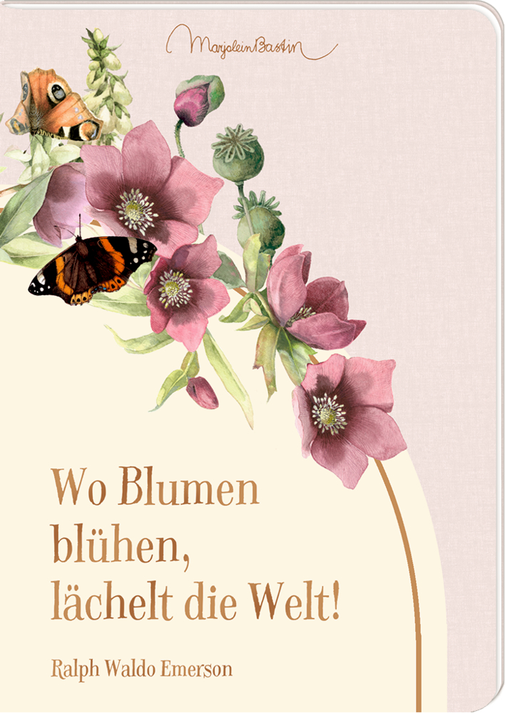 Rosa Blumen, ein Schmetterling und ein deutsches Zitat von Ralph Waldo Emerson auf einem Notizbuchcover.