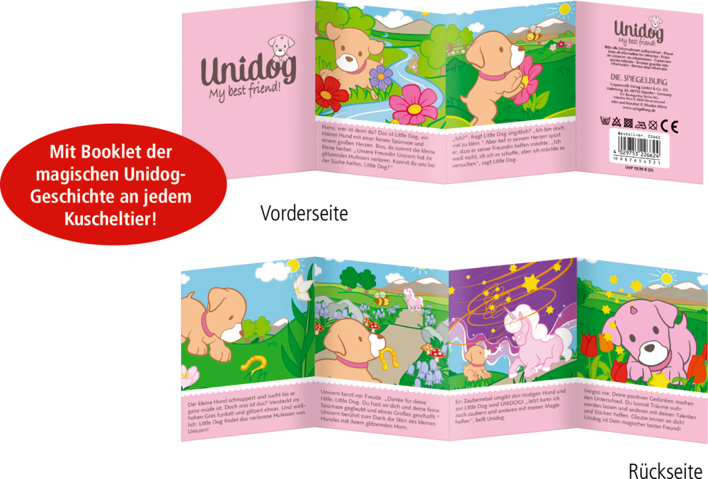 Farbiges Faltheft mit Hund- und Einhorn-Illustrationen, deutschen und englischen Texten in Naturumgebung.